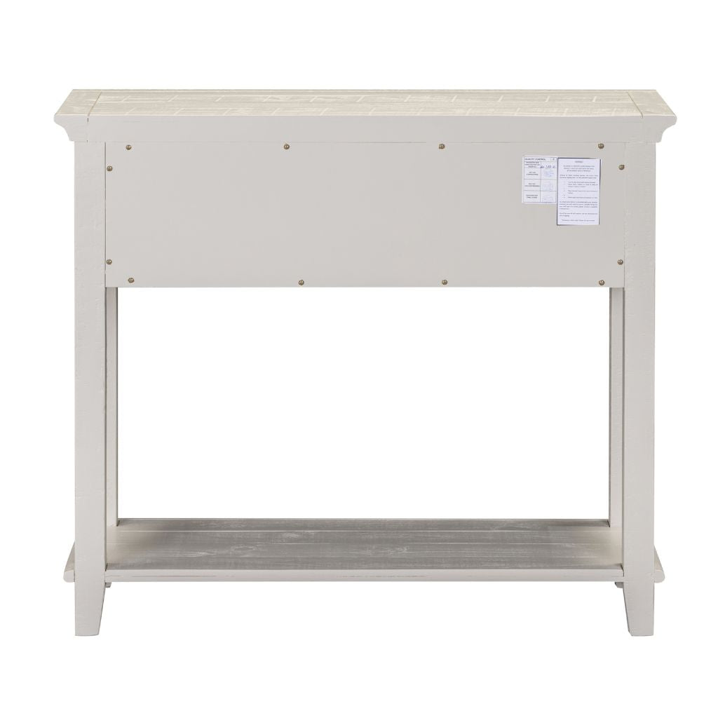 Beige console table with a shelf on a white background