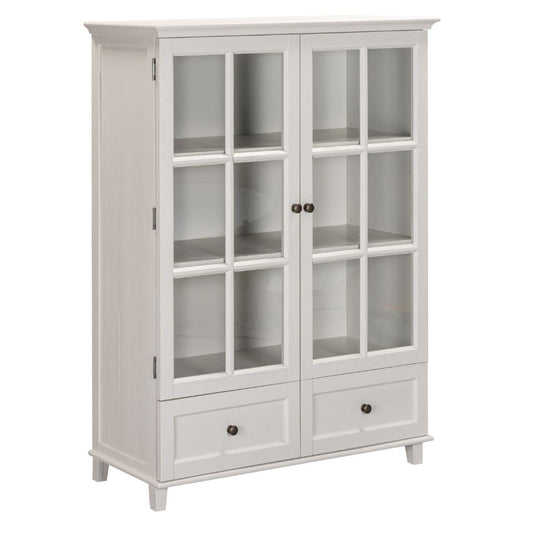 Beige cabinet with glass doors and drawers on a white background