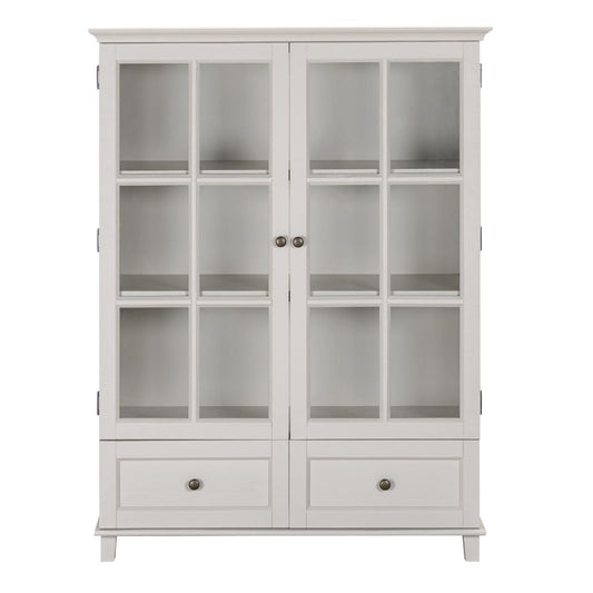 Beige cabinet with glass doors and drawers on a white background