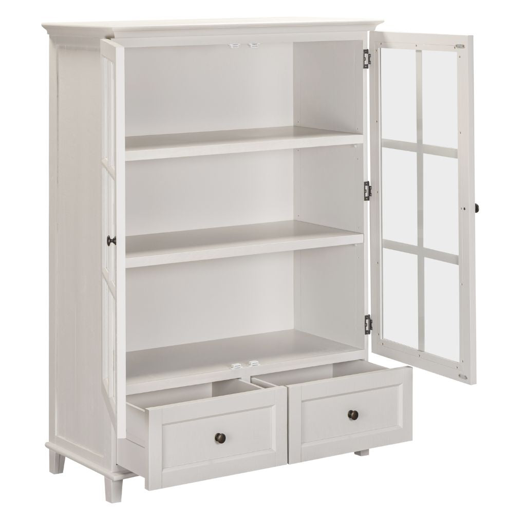 Beige cabinet with open doors and drawers on a white background