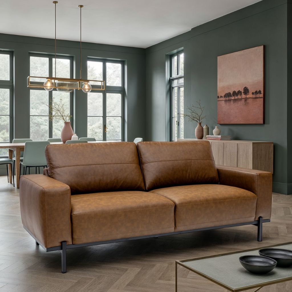 Brown fabric sofa in a modern living room with large windows and a painting on the wall.