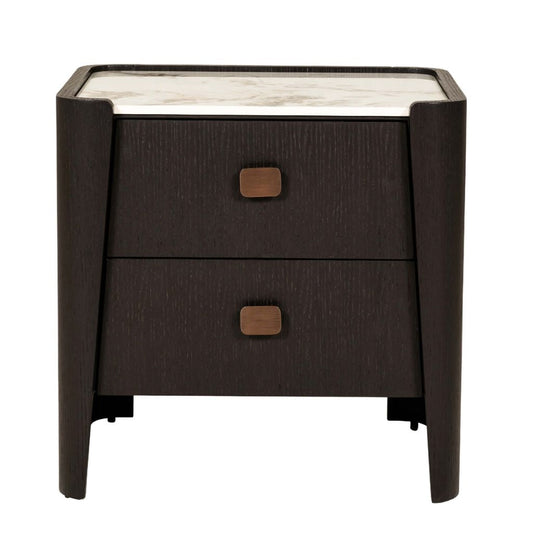Dark wooden nightstand with two drawers and a marble top on a white background