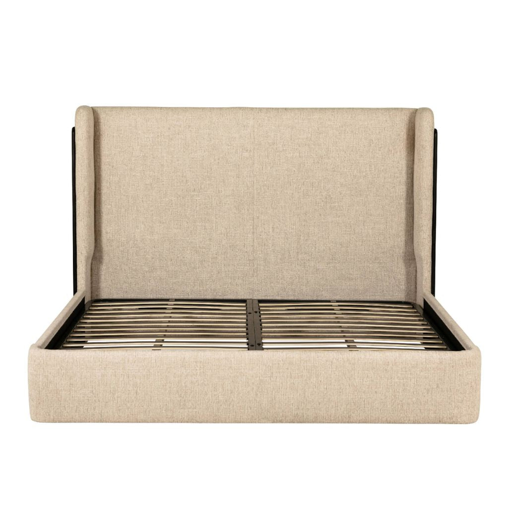 Beige upholstered bed frame with wooden slats on a white background