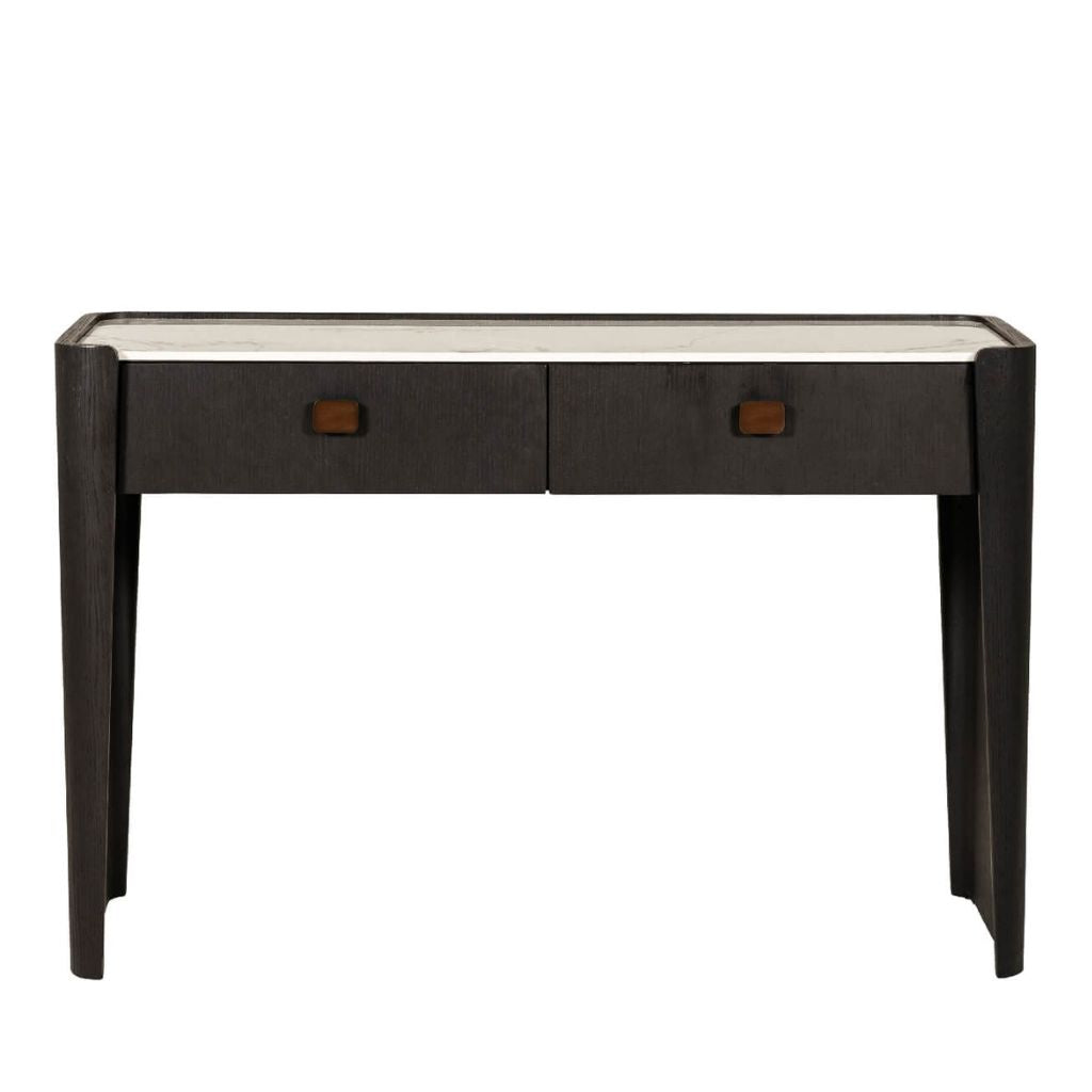 Brown dressing table with two drawers on a white background
