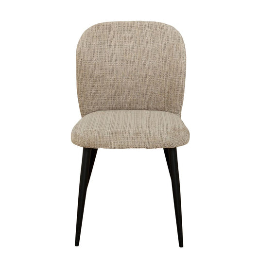 Beige upholstered chair with black legs on a white background