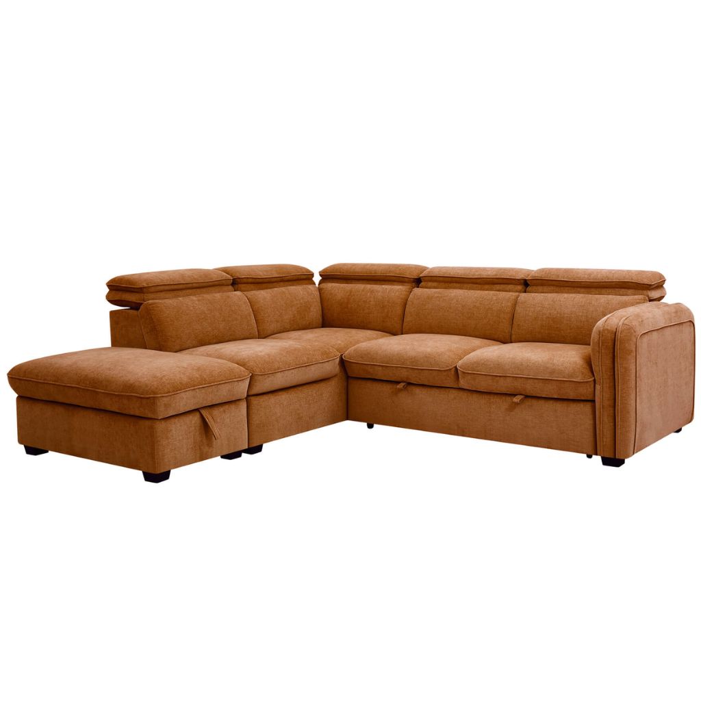 An upholstered sofa bed with a chaise ottoman and adjustable headrests