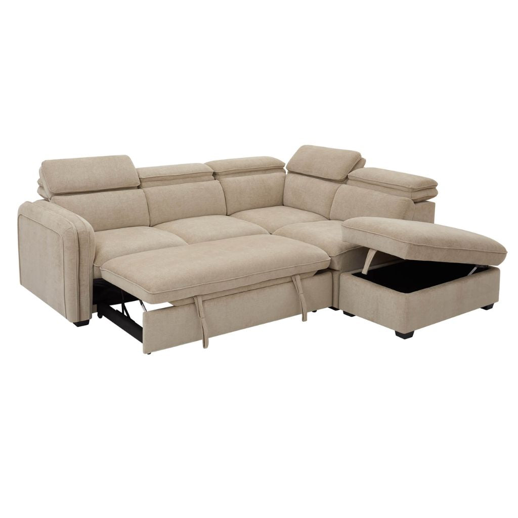 The Roscoe corner sofa bed with generous sleep space and built in storage a win-win in  every household.