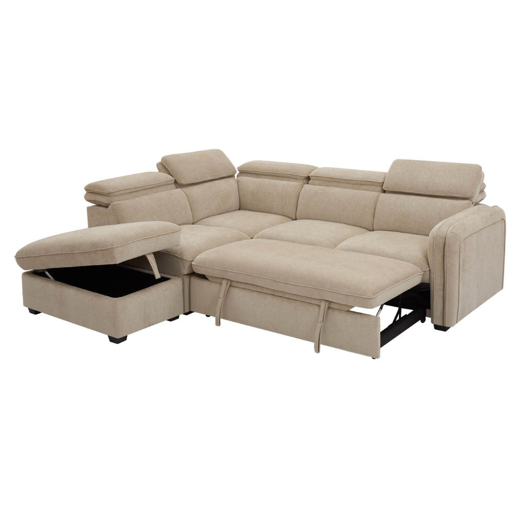 The roscoe corner sofa bed has built in storage in its chaise with handy pull out bed option.