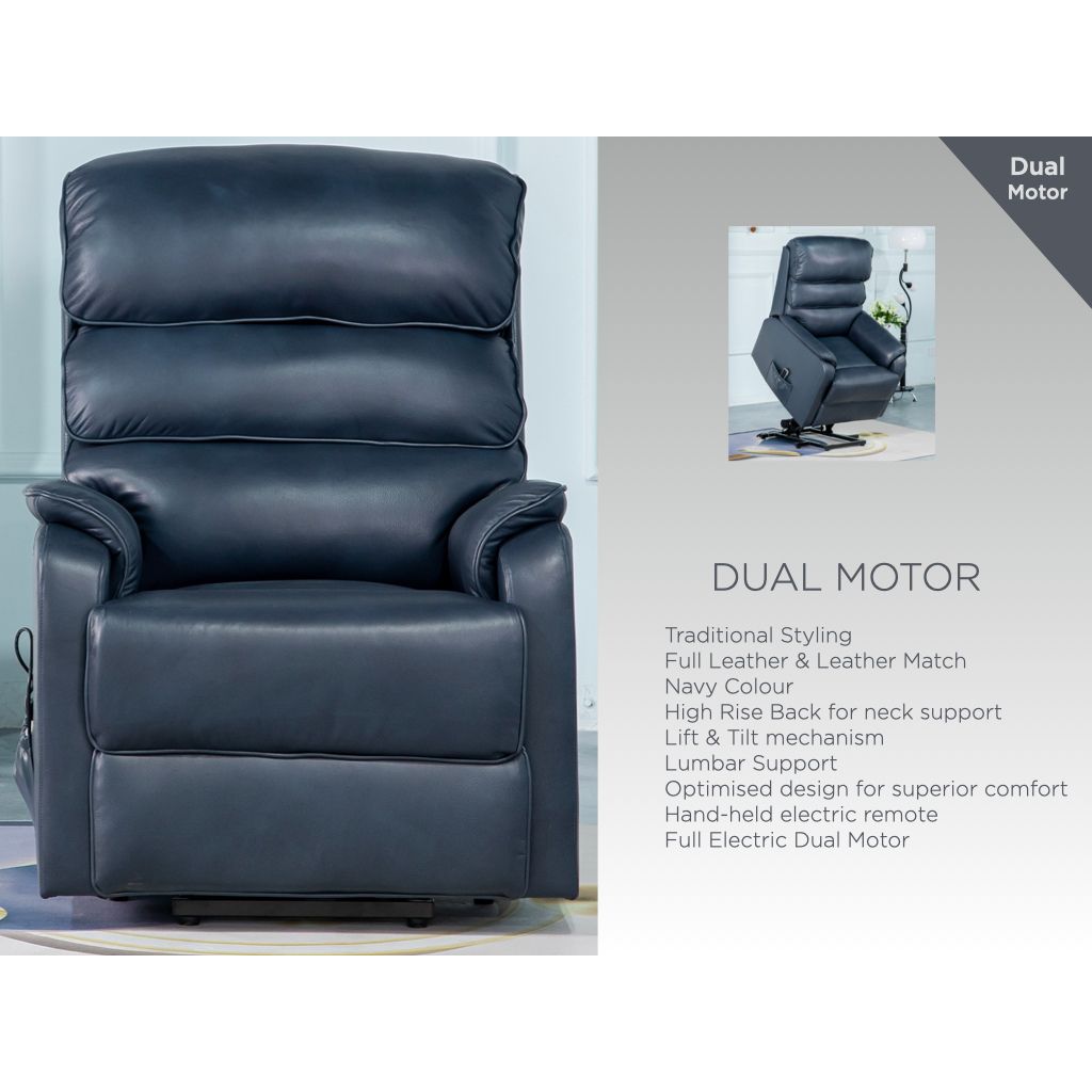 Savoy Navy Leather Lift and Tilt Chair Info