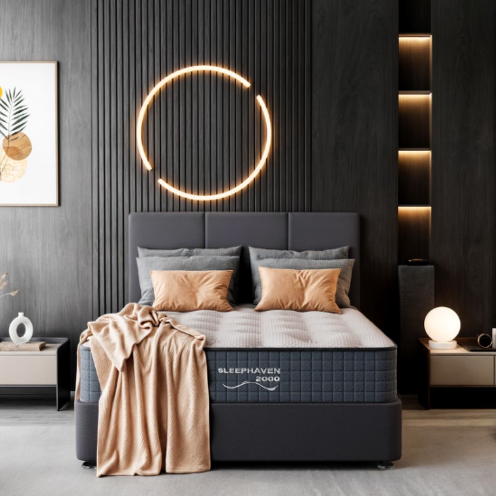 Gray mattress with 'Sleephaven' branding in a modern bedroom setting.
