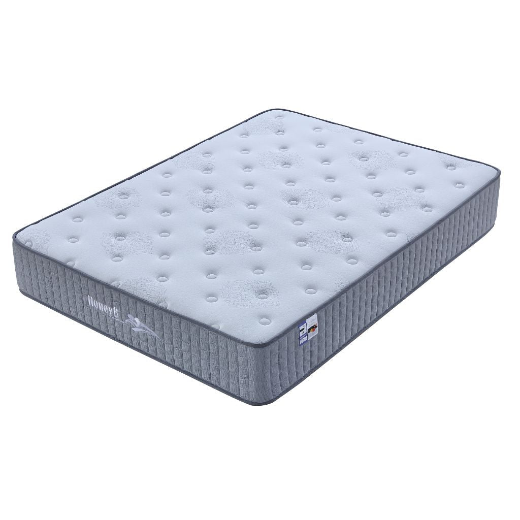 Gray mattress with a brand logo on a white background