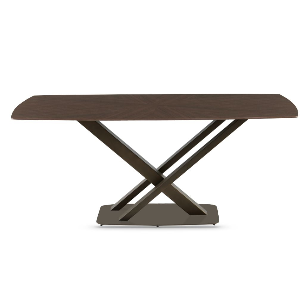 Rectangular dining table with a dark brown finish on a white background
