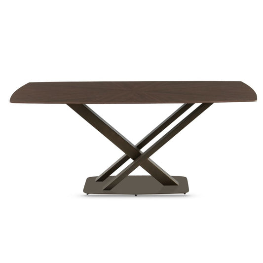 Rectangular dining table with a dark brown finish on a white background