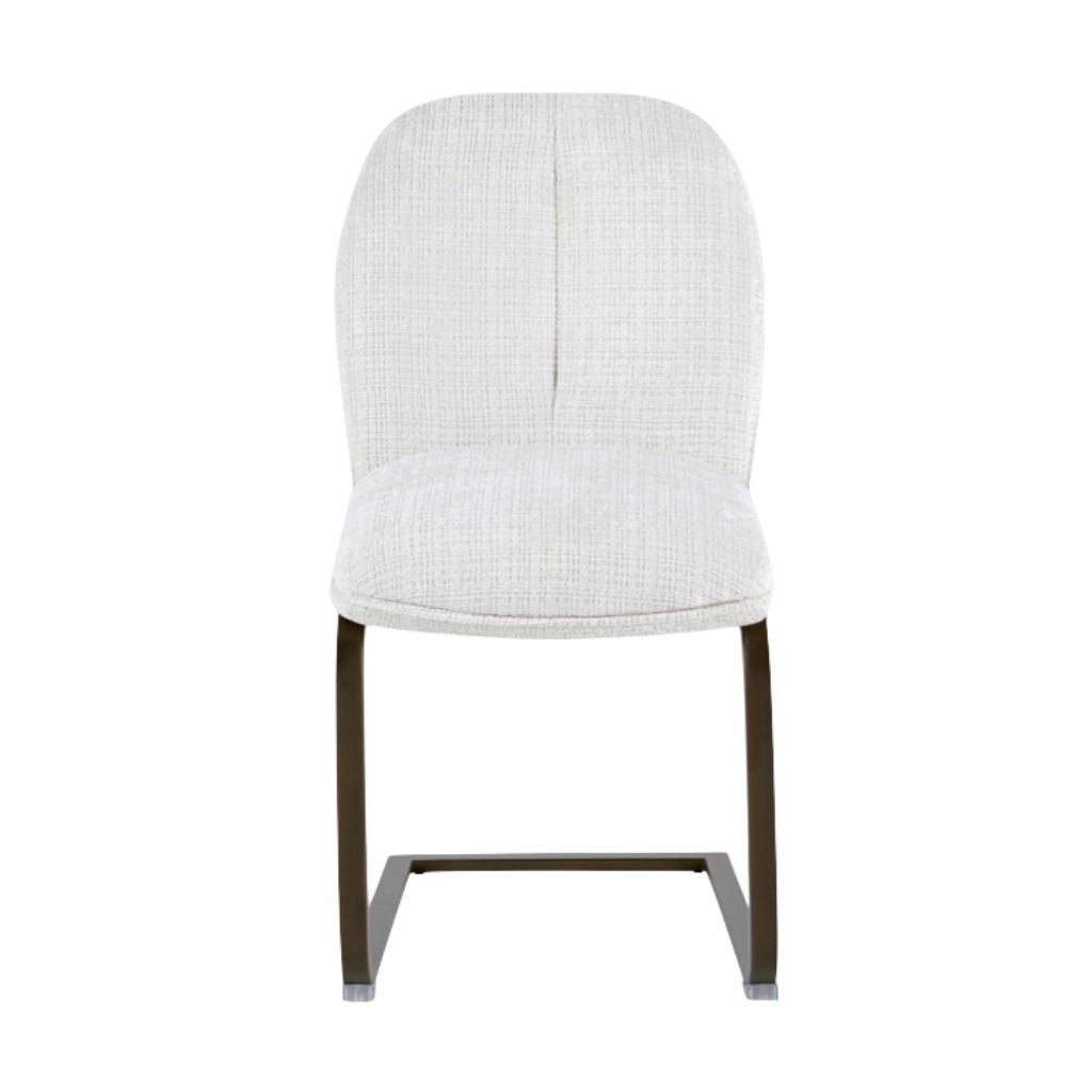 White upholstered chair with brown metal legs on a white background