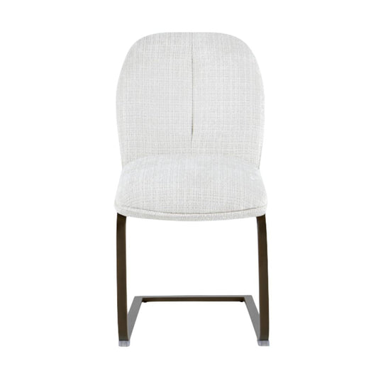 White upholstered chair with brown metal legs on a white background