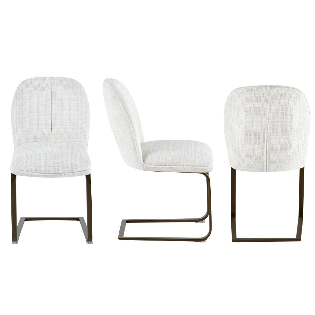 Three white chairs with bronze legs on a white background