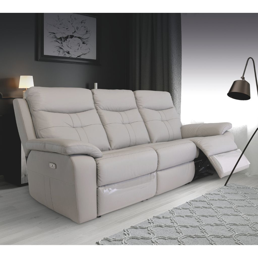 Solero Full Leather Light Grey Electric Reclining Sofa