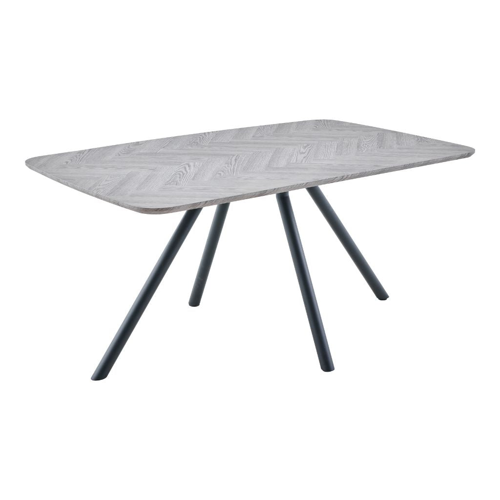 Dining table with a light gray marble-like top and dark legs on a white background