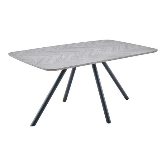 Dining table with a light gray marble-like top and dark legs on a white background