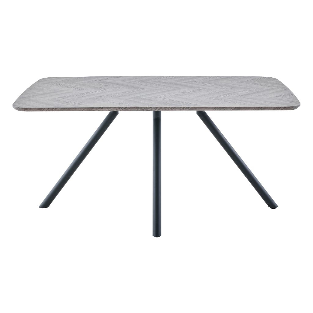 Rectangular table with a light gray marble-like top and black metal legs on a white background