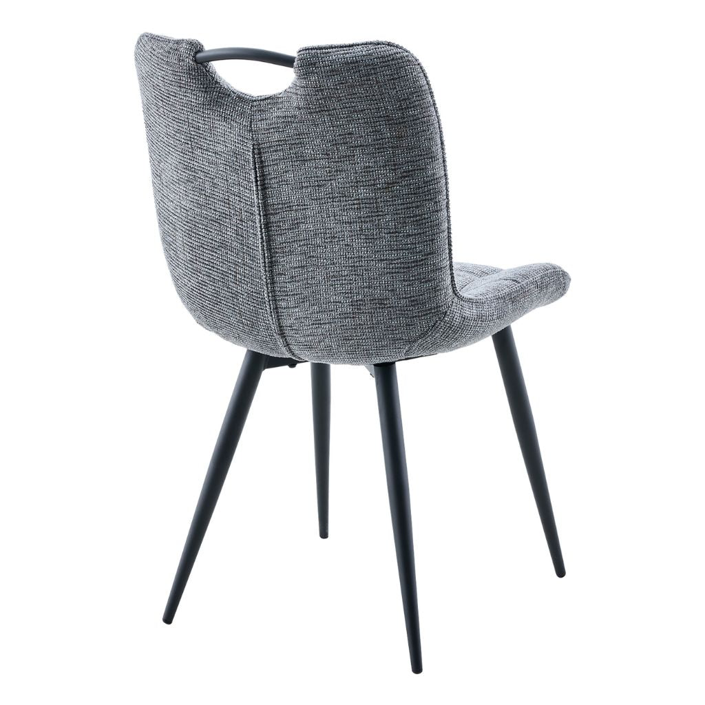 Gray upholstered chair with black legs on a white background