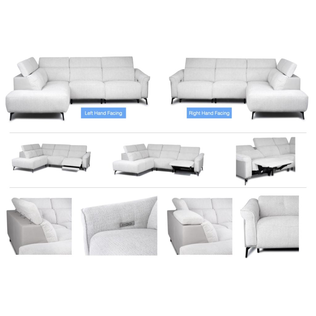 Light grey sectional sofa shown from multiple angles on a white background