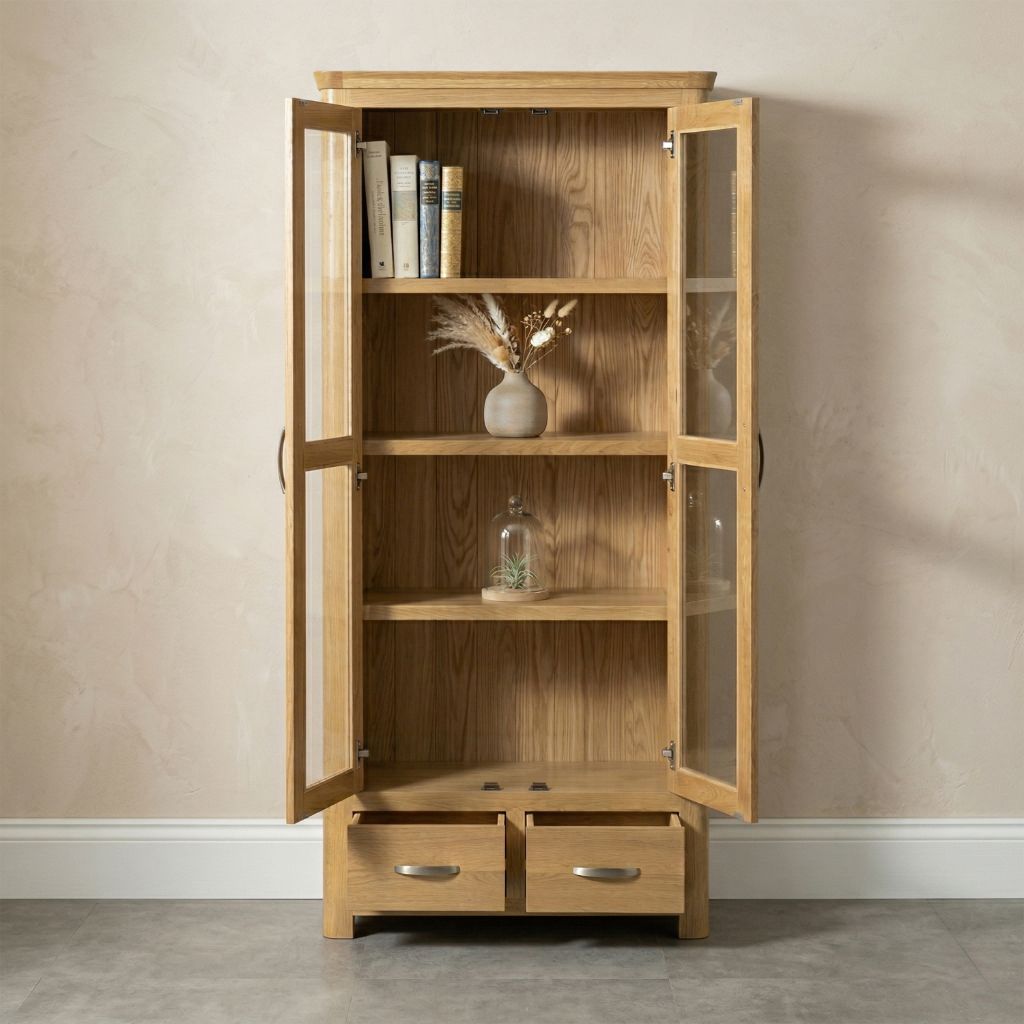 A tall light oak wood display cabinet with two glass doors, open to show interior shelves, two lower drawers.