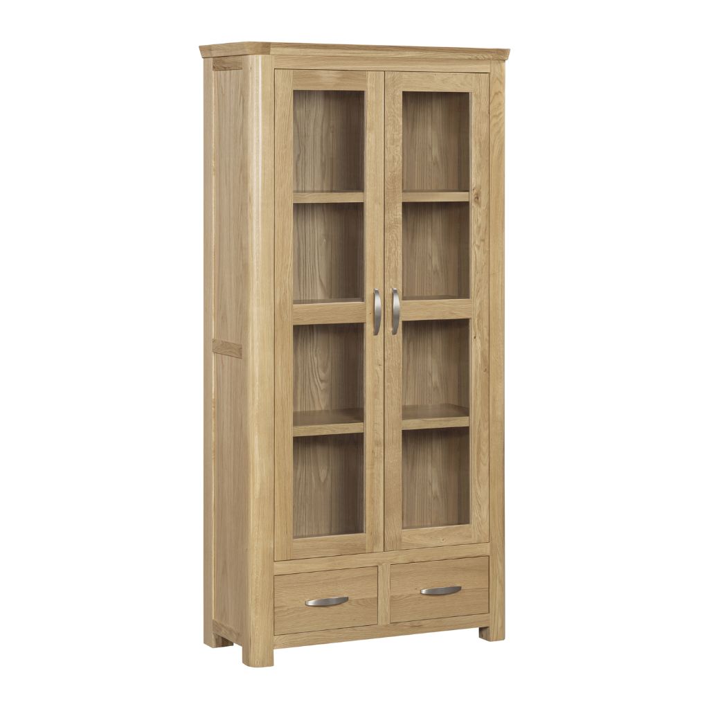 Natural oak display cabinet with storage drawers underneath shelves with a glass door.