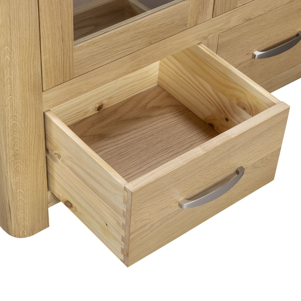 close up of the crafted drawers with dove tail joints and metal handles
