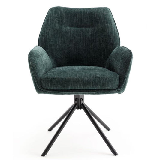 Green armchair with a black metal base on a white background