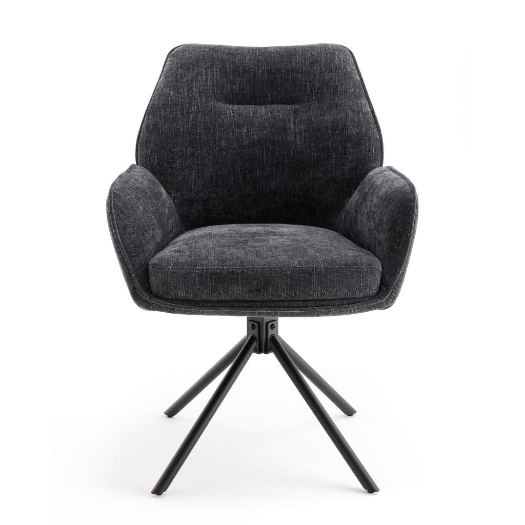 Grey dining chair with a black metal base on a white background
