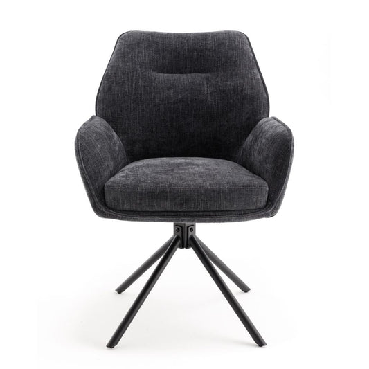 Grey dining chair with a black metal base on a white background