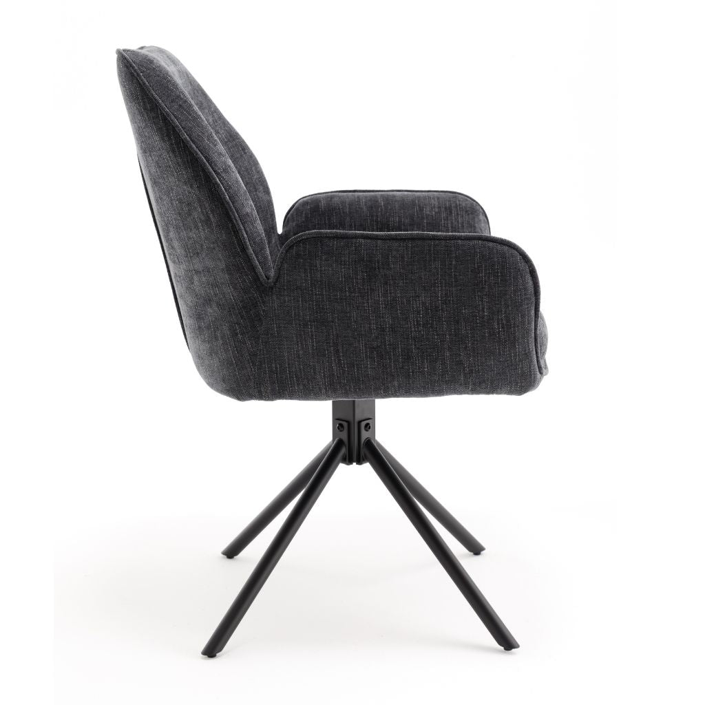 Grey upholstered chair with black metal legs on a white background