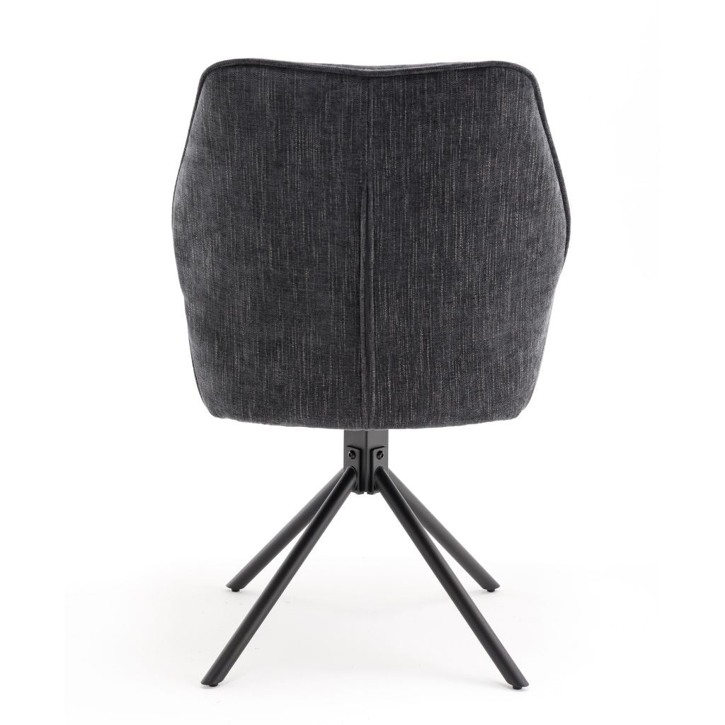 Grey swivel chair with black metal base on a white background