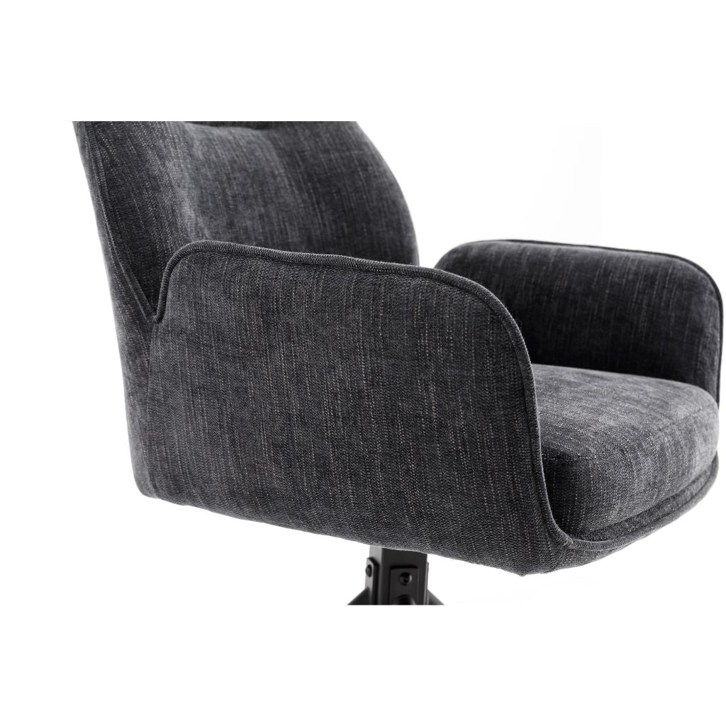 Grey upholstered swivel chair on a white background