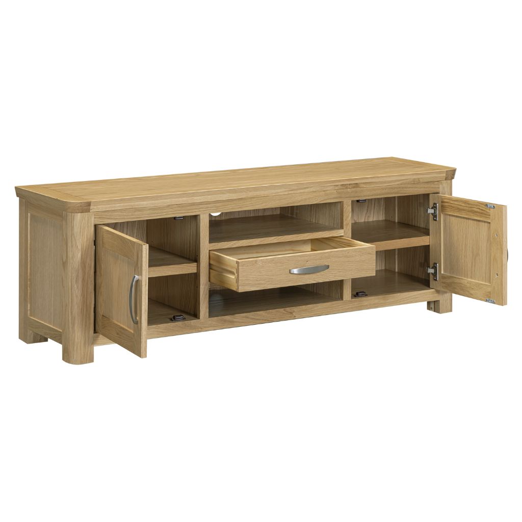 two open shelves, 2 cupboards and a drawer gives tons of storage.
