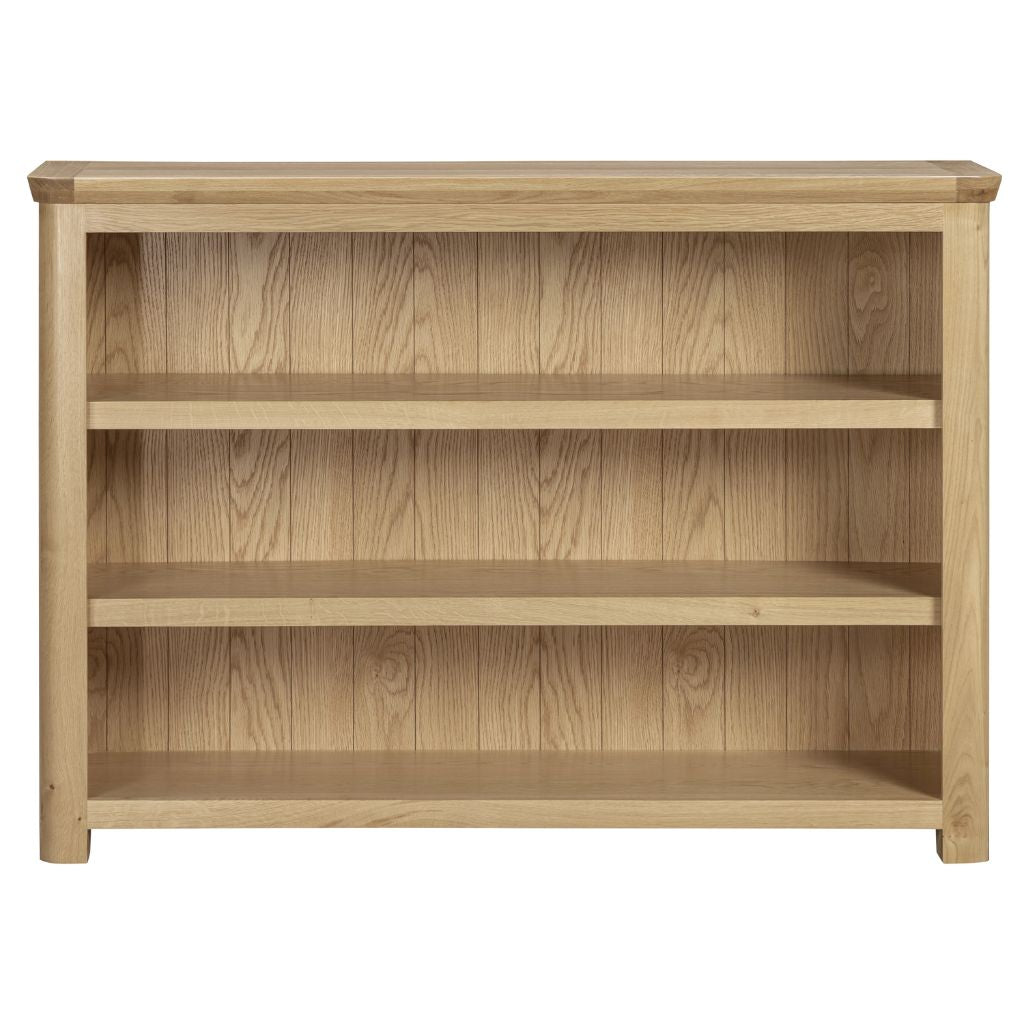 front view of the stunning bookcase with curved edges and oak finish