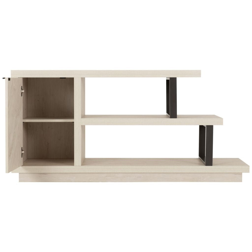 Wooden shelf with black metal legs on a white background
