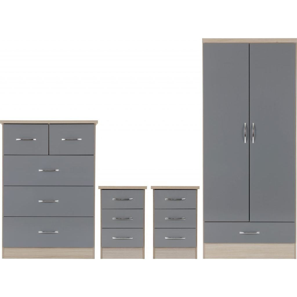 Nevada Grey Gloss  and Light Oak Effect 4 Piece Bedroom Furniture Set