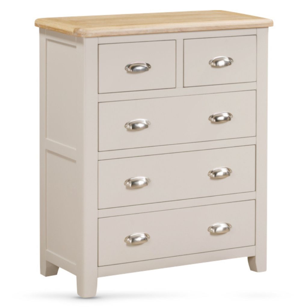 Grey dresser with wooden top on a white background