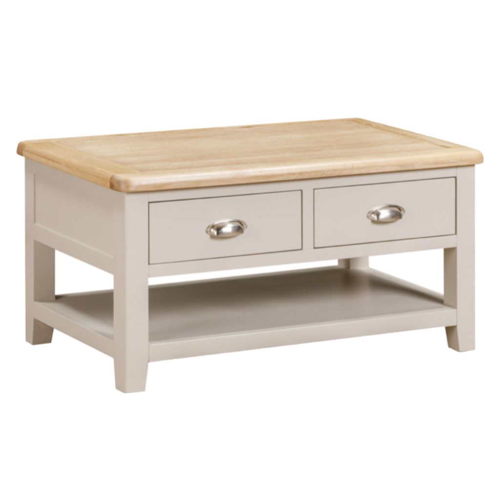 Coffee table with wooden top and grey base on a white background