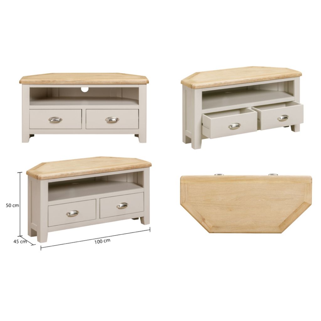 Corner tv unit with grey base and oak top