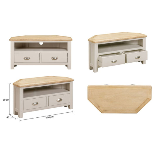 Corner tv unit with grey base and oak top