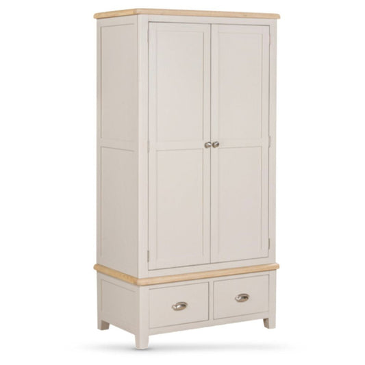 Grey wardrobe with wooden top and bottom on a white background