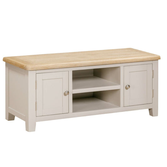 Grey TV stand with wooden top on a white background