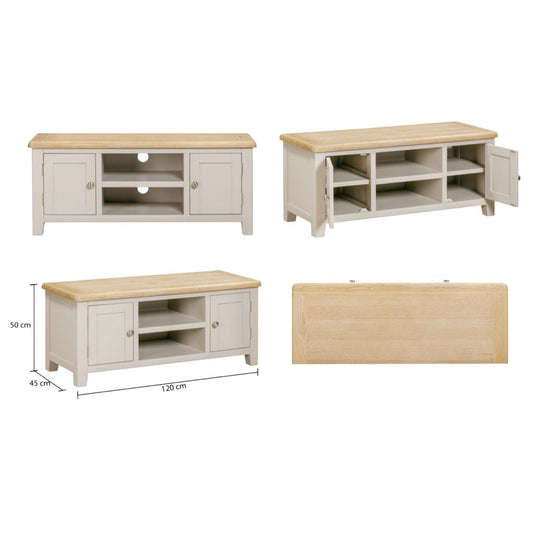 Grey tv unit with oak top