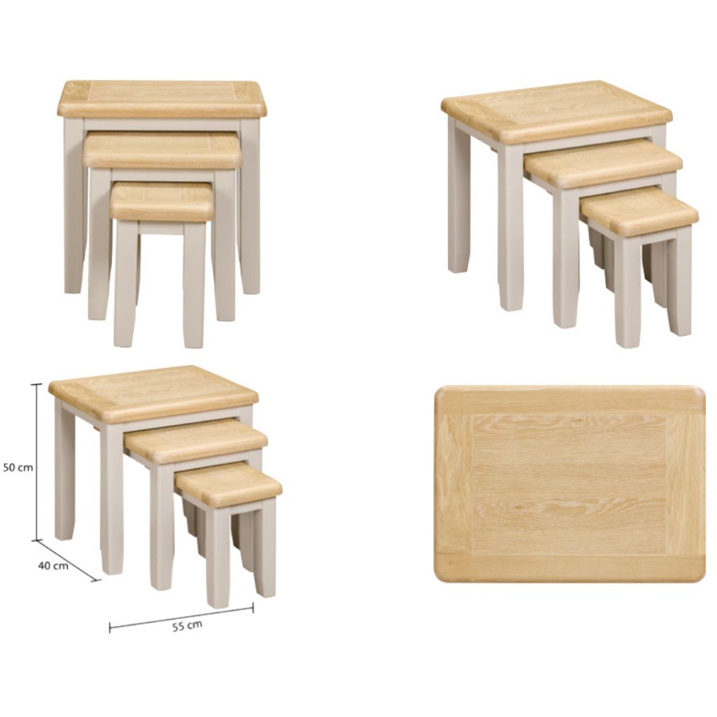Light grey nest of tables with oak tops