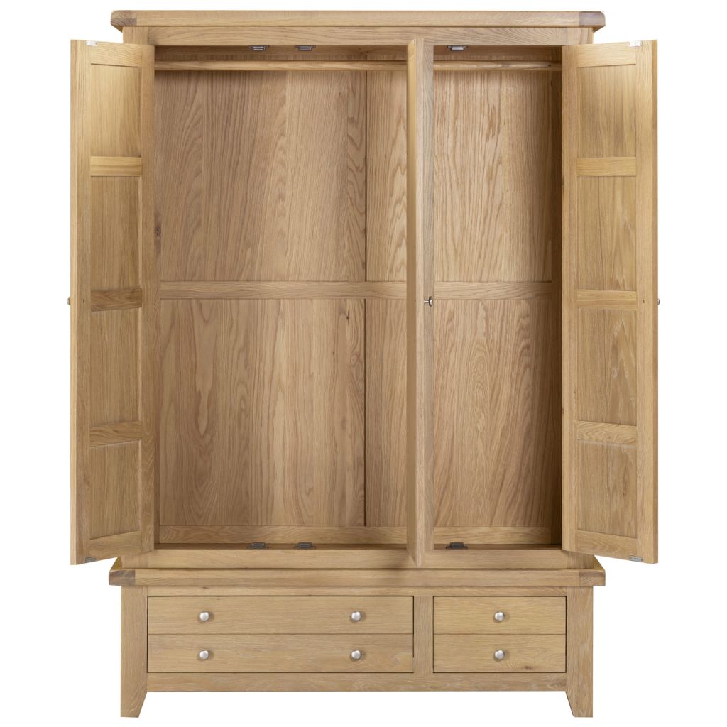 Wooden wardrobe with open doors on a white background