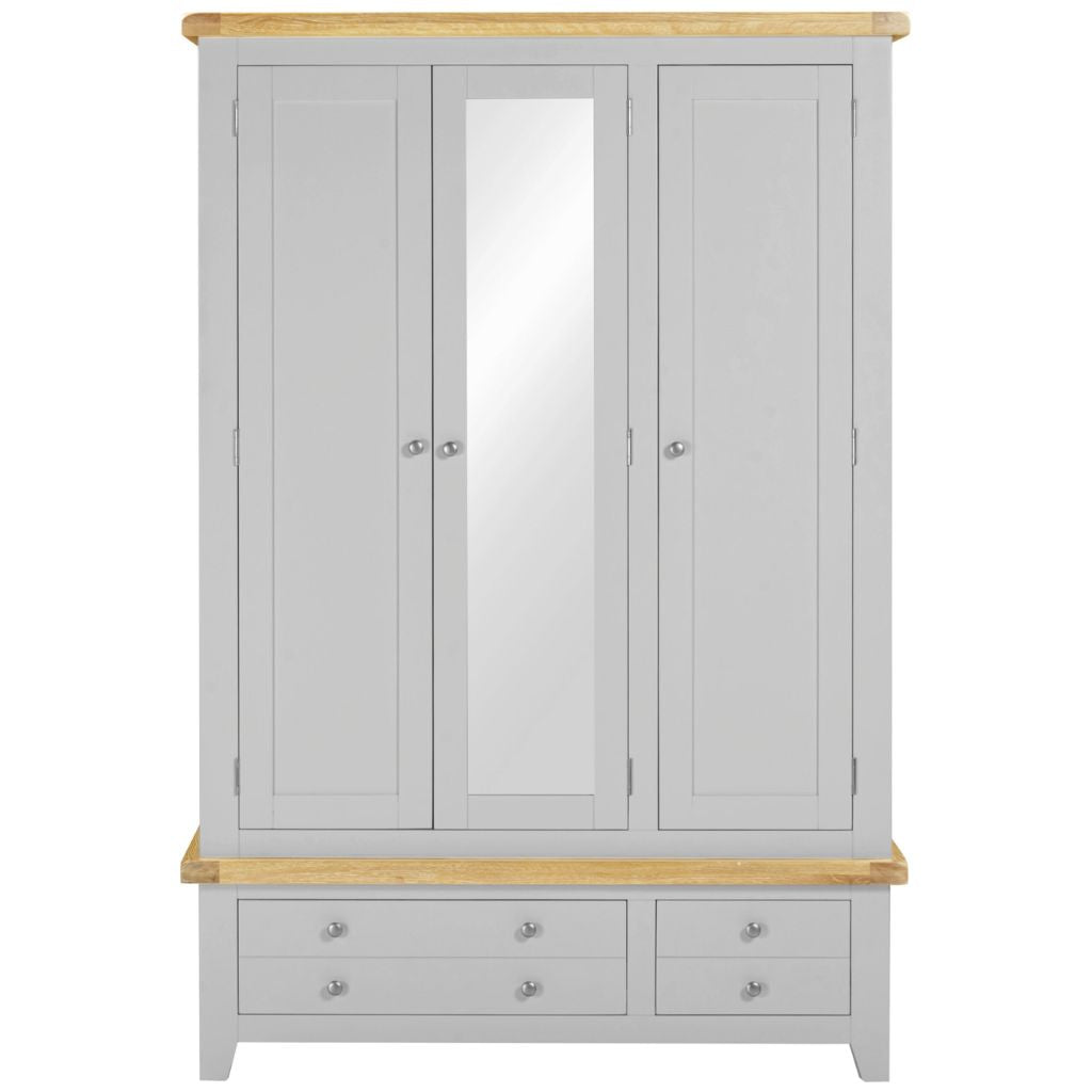Grey wardrobe with wooden top and bottom on a white background