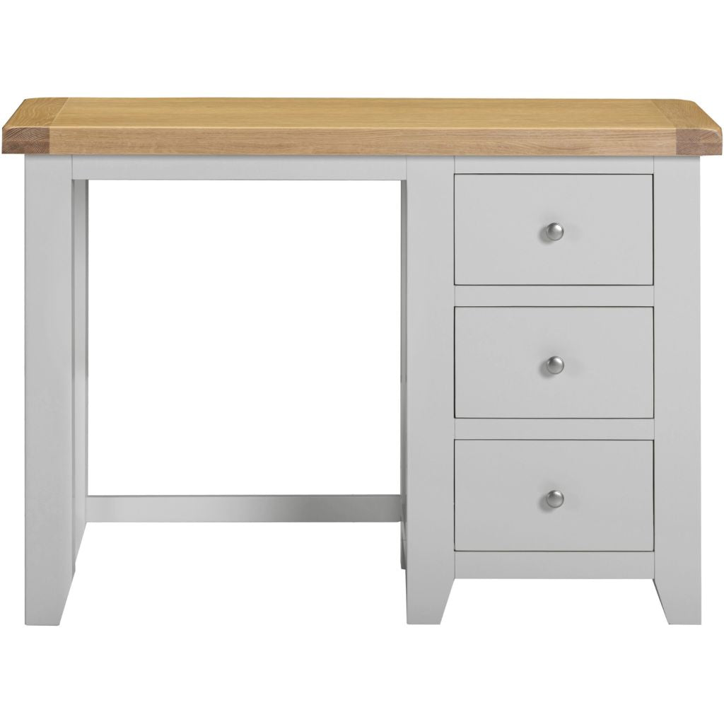 Grey console table with wooden top and three drawers on a white background